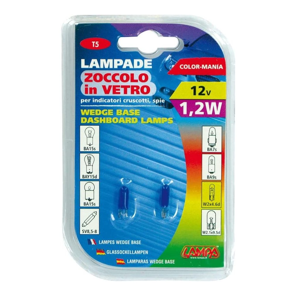 Lampada 12V con zoccolo vetro Blu - (T5) - 1,2W - W2x4,6d - 2 pz - D/Blister