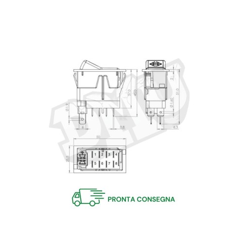 INTERRUTTORE A BILANCIERE, I-0-(II), ON-ON-MOM, 12V, 8 PIN, BLOCCO DIFFERENZIALE